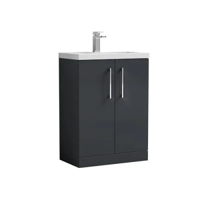 Image of Floor Standing 2 Door Vanity Unit with Polymarble Basin, Soft Black, 600mm