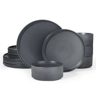 Image of Richmount Star Plates and Bowls Set, 12 Pieces Dinner Set for 4, Stoneware Dinnerware Sets with Plates/Salad Plates/Cereal Bowls, Dishwasher &amp; Microwave Safe, MatteDarkCharcoal