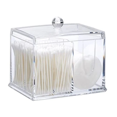 Image of Relaxdays Cotton Swab Storage Box, Acrylic Lidded Organiser, Stick Bathroom Dispenser, Size L, Clear, 13 x 15 11cm