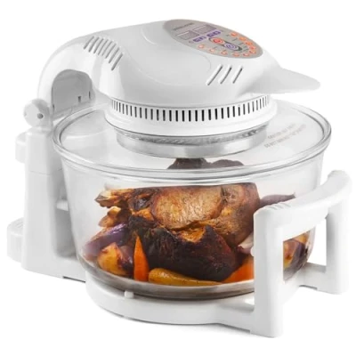 Image of Andrew James 12 17 Litre 1400W Digital Halogen Oven Air fryer Cooker With Hinged Lid Full Accessories Pack Including Skewers Spare Bulb Extender Ring to Increase Capacity 17L (White)