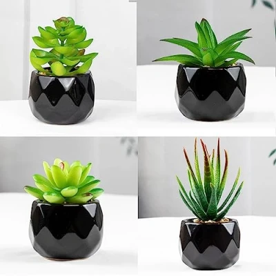 Image of ARIATI Set of 4 Artificial Plants In Pots Indoor Outdoor Mini black Ceramic Potted, Green Succulents Decor for Bedroom Aesthetic, Faux Desk Plant Bathroom,Living Room, Office Decoration