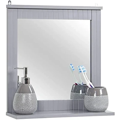 Image of Yorkshire Homeware Wall Mounted Mirror, Bathroom Mirror with Shelf, Hanging Vanity Home Office Living Room Finish Grey