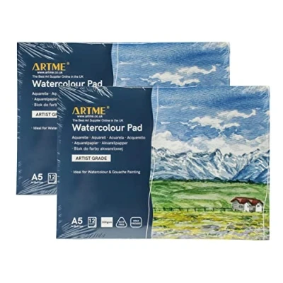 Image of ARTME A5 Watercolour Pad (2 Pack) x 12 Sheets/ 300gsm/ Firmly Textured/Cold Pressed/Cellulose Acid Free/Premium Quality Drawing Sketchbook Aquarelle &amp; Gouache Painting(A5 2