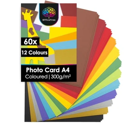Image of OfficeTree 60x Coloured Paper A4 300 g/m² 12 Colours with Gold and Silver Sheets Card Crafting for Kids Craft