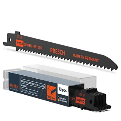 Image of Presch Reciprocating Saw Blades Wood 130mm 10 pcs (Curved Cut 6 100mm) for PVC Pipes etc. Universal Shaft Sabre Set incl. Box