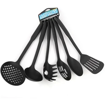 Image of Sleek Style® Nylon Kitchen Utensil Set for Cooking 6Pcs Non Stick Black 30cm Utensils, Slotted Spatula, Spoon, Spaghetti Server, Serving Soup ladle, Spatulas