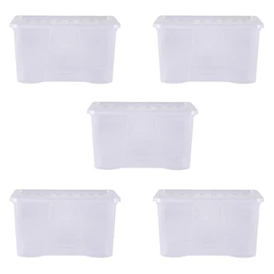 Image of Wham Crystal 5x 60L Plastic Storage Boxes with Lids. Large Size, Strong (Pack of 5, 60 Litre). Made in the UK (Clear)