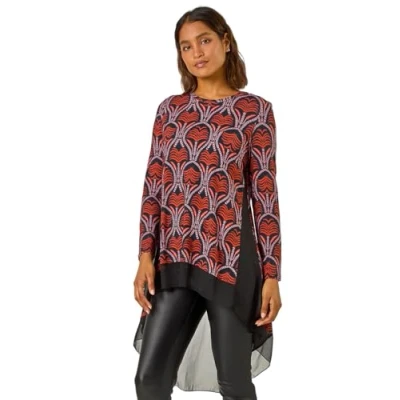 Image of Roman Womens Chiffon Hem Printed Stretch Top Red Size 10 UK