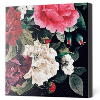 Image of Maki 3 Ply Flowery Tissue Paper Napkins Serviettes for Decoupage Lunch 33cm x Pack of 20 (Painted Baroque Bouquet on Black)