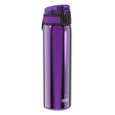 Image of Ion8 Steel Water Bottle, 600 ml/20 oz, Leak Proof, Easy to Open, Secure Lock, Dishwasher Safe, Hygienic Flip Cover, Fits Cup Holders, Carry Handle, Durable, Carbon Neutral, Metallic Purple