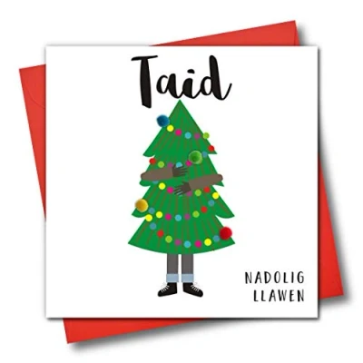 Image of Welsh Language Embellished Christmas Greeting Card, Taid, Nadolig Llawen, Happy Grandad, Man Carrying Tree