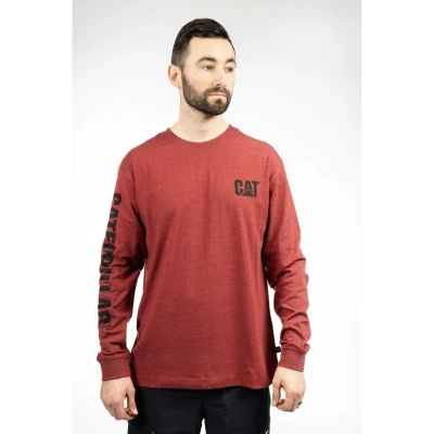 Image of CAT Men&#039;s Trademark Banner Long Sleeve Tee Shirts with Center Back Neck Wire Management Loop Logo T, Brick Heather, Medium