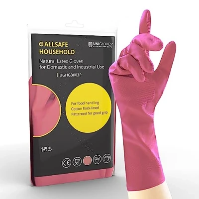 Image of Unigloves Unicare UGHG3003P Household Gloves Powder Free, Reusable Latex Gloves, 1 Pair, Pink, Medium