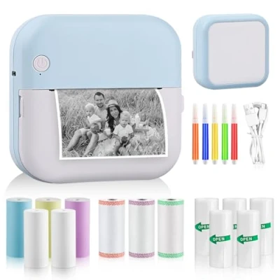 Image of GuKKK Mini Printer, Mobile Photo Portable Wireless Thermal with 13 Rolls of Printer Paper and 5 Colouring Pencils, Smartphone Bluetooth