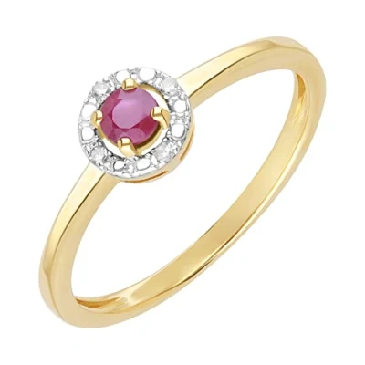 Image of Ivy Gems 9ct Yellow Gold Round Cut Red Ruby &amp; Diamond Solitaire Halo Ring Size N