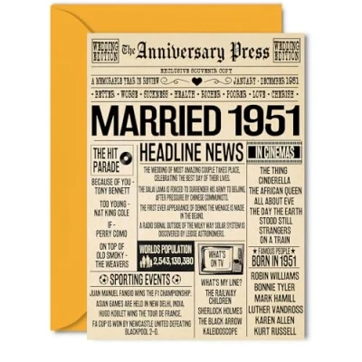 Image of 74th Anniversary Cards for Men Women Married 1951 Newspaper Happy 74 Wedding Card Husband Wife Grandma Grandad Nan Vintage Retro 1951, 5x7 Inch Greeting