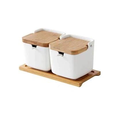 Image of OnePine Set of 2 Sugar Bowl, Ceramic Salt Container Condiment Pots with Bamboo Lid and Spoon for Home Kitchen