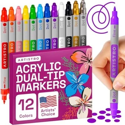 Image of ARTISTRO 12 Colors Acrylic Paint Pens, Art Set Markers Dual Tip (Fine 1mm + Dot 5mm), for Fabric, Canvas, Rock, Glass, Wood, Paper, DIY, Kids and Adults
