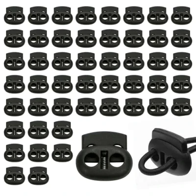 Image of Toggles for Drawstrings, 50 Pcs Cord Locks Plastic Drawstring Toggle Cords Black Double Holes Spring Lock Clothing