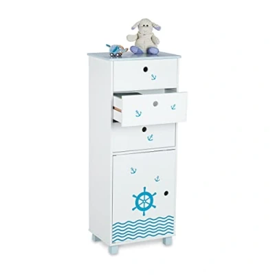 Image of Relaxdays Children&#039;s Chest, Nautical Design, 3 Drawers, Night Console, HxWxD 105x42x30 cm, White/Blue, Fibreboard