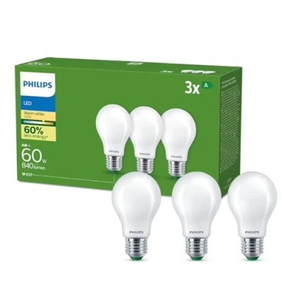 Image of PHILIPS Frosted Ultra Efficient LED Bulb (3 Pack), E27, 4W Equivalent to 60W, Warm White Light 2700k, Energy Efficiency A