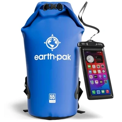 Image of Earth Pak Waterproof Dry Bag Roll Top Sack Keeps Gear for Boating, Hiking, Camping and Fishing with Phone Case (Blue, 55L)