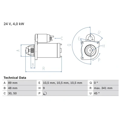 Image of 1404788 Starter motor BOSCH 0 986 011 280 24V 4kW 9 50, 30 links 89mm