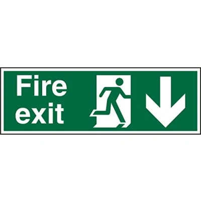 Image of Seco Fire Exit Exit, Man Running Right, Arrow Pointing Down Sign, 450mm x 150mm 1mm Semi Rigid Plastic, White