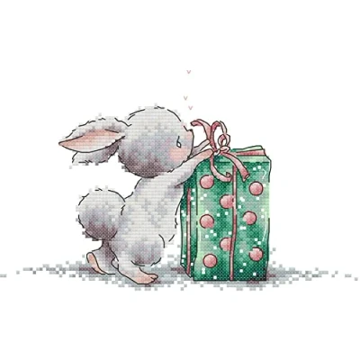 Image of Awesocrafts Cross Stitch Stamped Kits Bunny&#039;s Gift Rabbit Easy Patterns Stitching Embroidery Needlework Kit Supplies (Bunny)