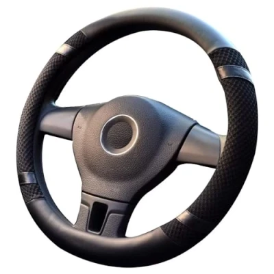 Image of Pahajim Car Steering Wheel Covers PU Leather Ice Silk Breathable Anti Skid Sporty Curves Sleeve Protector for Men Women (Black)