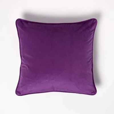 Image of HOMESCAPES Purple Velvet Cushion 46 x cm Super Soft Scatter with Piped Edge &amp; Microfibre Insert Included Throw Pillow for Sofa or Bed