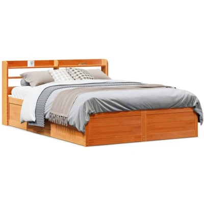 Image of vidaXL Bed Frame with Headboard Wax Brown 135x190 cm Double Solid Wood Pine