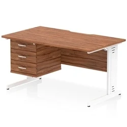 Image of Impulse 1400 x 800mm Scalloped Edge Office Desk Walnut Top White Cable Managed Leg Workstation 1 3 Drawer Fixed Pedestal