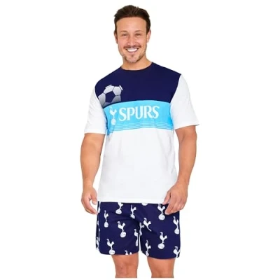 Image of Tottenham Hotspur F.C. Mens Short Pyjamas Set, Cotton Lounge Wear Spurs Gifts (White/Navy, L)