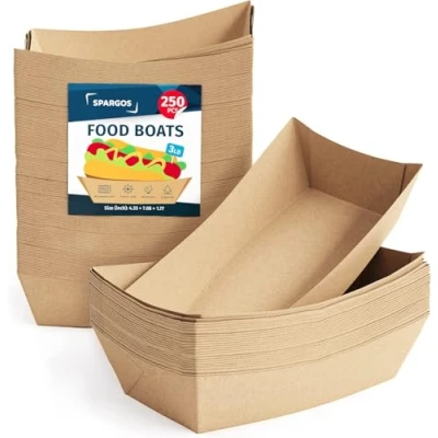 Image of Party Food Trays 3LB Brown (250 Pack) Hot Dog Leakproof &amp; Freezer Safe Cardboard Boxes Disposable Paper for Serving Party, Bulk of Cardboard, Nacho, Chip, Cinema