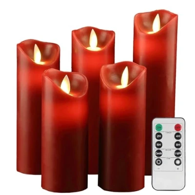 Image of YIWER Battery Candles, 5.5&quot;/6&quot;/6.5&quot;/7&quot;/8&quot; Set of 5 Real Wax Not Plastic Pillars Include Realistic Dancing LED Flames and 10 Key Remote Control with 2/4/6/8 Hours Timer Function 200 (5x1, Red)