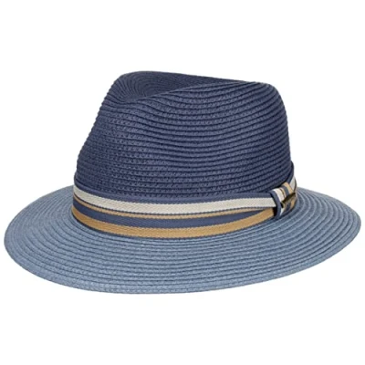Image of Stetson Romaro Toyo Traveller Straw Hat Men (Viscose) Summer UV Protection 40+ Wide Brim with Striped Ribbon Trim Spring/Summer Blue XXL (62 63 cm)