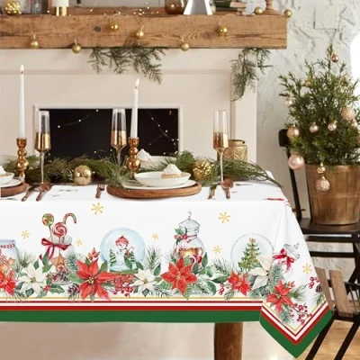 Image of Rectangle Christmas Tablecloth 60 x 84In,Poinsettia Snowflake Holiday Decoration Tablecloth,Polyester Waterproof Wrinkle Resistant Durable for Kitchen,Winter and Home Decor