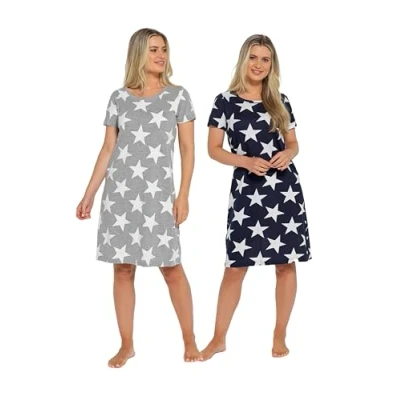 Image of INSIGNIA Womens Pack of 2 Short Sleeved Cotton Blend Jersey Nightshirts Nighties (Navy Grey Star, 8 10)