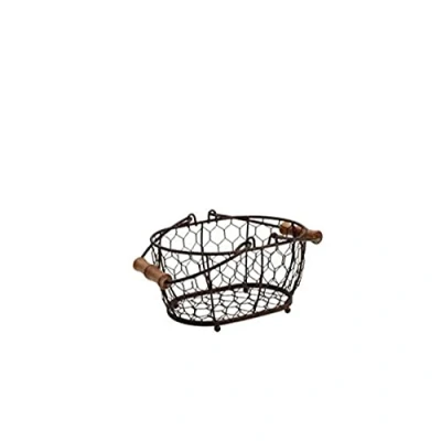 Image of T&amp;G Provence Wireware Small Oval Basket with Aged Wooden Handles, Rustic Brown, 20.4 x 14.5 10.5 cm