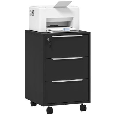 Image of HOMCOM 3 Drawer Lockable Filing Cabinet, File Cabinet on Wheels, Mobile Office Storage Drawers for Home Office, Bedroom and Living Room, Black