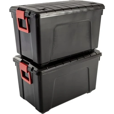 Image of Solent Plastics Pack of 2 x Large Storage Box on Wheels with Lid 110 Litre Camping Containers, Loft Boxes Lids, Festival Box, Gym Equipment for Home