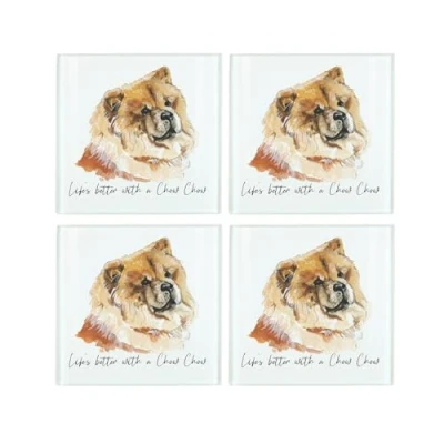 Image of Chow Coaster Set Life&#039;s Better With a Dog Gift Square Glass of Four (4) Coasters