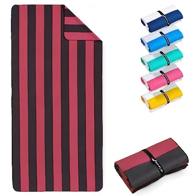 Image of Fit Flip microfibre beach towel large lightweight, compact and super absorbent sand free quick dry towel, 100% recycled travel darkgrey burgundy stripes 200x90cm