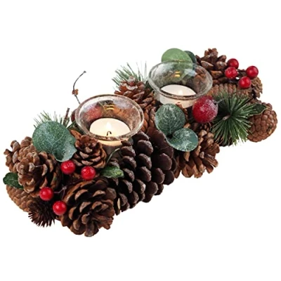 Image of SiL Interiors Christmas Table Centrepiece Double Tealight Candle Holder Pine Cone Berry