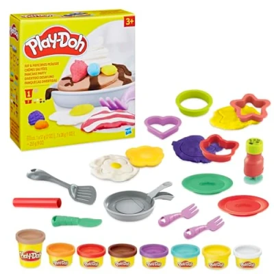 Image of Play Doh Kitchen Creations Flip &#039;n Pancakes Playset 14 Piece Breakfast Toy for Kids 3 Years and Up with 8 Non Toxic Modelling Compound Colours