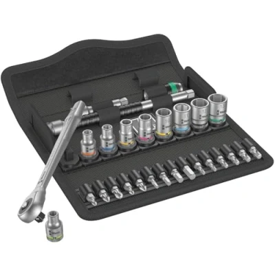 Image of Wera 05004017001 8100 SA 7 Zyklop Metal Ratchet Set with push through square, 1/4&quot; drive, metric, 28 pieces