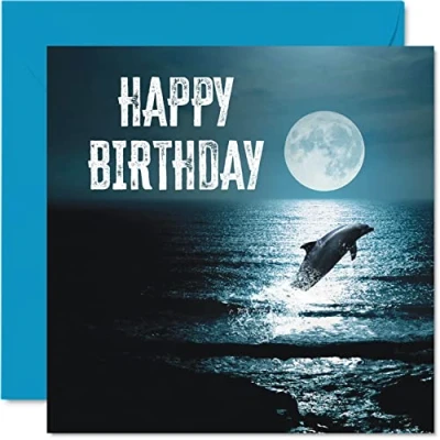 Image of Fun Birthday Cards for Men Women Dolphin Ocean Moon Happy Card Mum Dad Brother Sister Son Daughter Nan Grandad, 145mm x Greeting Cards, 30th 40th 50th Bday