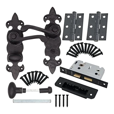 Image of EAI Black Antique Fleur De LYS Internal Bathroom Door Handle Kit W/Hinge and Lock