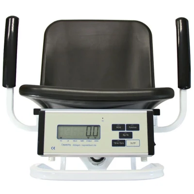 Image of Wheelchair Scales Weighing Chair Digital Disability KG/LB 100g Increments Medical Foot Rest Folding Arm Rests 200kg Capacity Mains &amp; Rechargeable Battery Easy Clean Steel